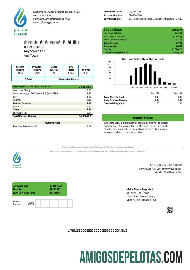 realista Modelo de fatura de serviços públicos do Al Fanar Gas Group dos Emirados Árabes Unidos em formato Word e PDF